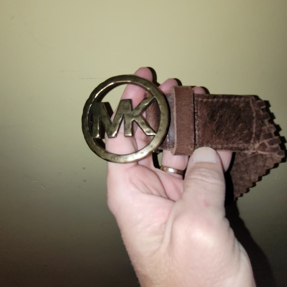 Michael Kors Genuine Leather Belt Brown Braided Brushed Gold Logo